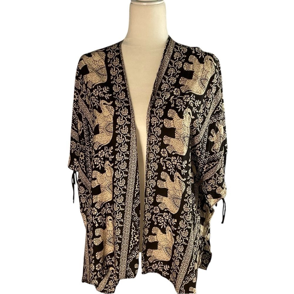 Janice Black and Tan Elephant Print Fringe Sleeve Kimono Size OS